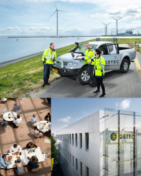 Impressionen der GETEC Arbeitswelt, Kantine des Unternehmens, Au&szlig;enansicht des Firmengeb&auml;udes, Mitarbeiter eines Windparks