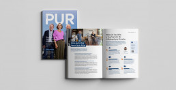 Dritte Ausgabe des Volksbank Pur Magazins, Cover und Innenansicht des Magazins