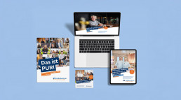 Digitale und Printmedien der Volksbank Pur, Laptop und Tablet mit Anzeigen, Markenbuch und kleiner Flyer