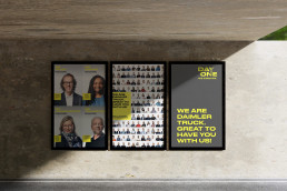 Posterreihe der Kampagne Day One mit den Mitarbeitenden, Postervarianten mit Portraits und Typografie