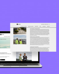 Webansicht des Digitalen Nachhaltigkeitsbericht von GETEC, Laptop auf leuchtend lila Hintergrund, Artikel aus dem Nachhaltigkeitsbericht