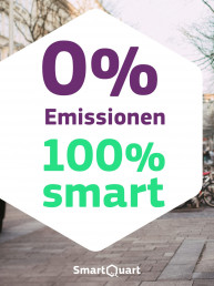 Poster des Unternehmens SmartQuart mit Informationen und einem urbanen Bild im Hintergrund