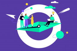 Illustration von abstraktem Kompass mit Menschen, Planeten und Wolken, lila Hintergrund