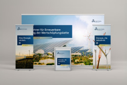 Messewand, Rollups und Aufsteller f&uuml;r das Energieunternehmen Enertrag, Neues Layout-Prinzip auf Printmedien